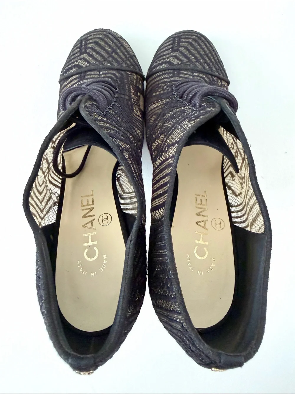 CHANEL | CC Logo Black Lace Up Booties Pearl Stiletto EU 39